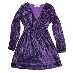Outrageous Fortune Purple Sequin Mini Dress Long Sleeve V-Neck Party Size S